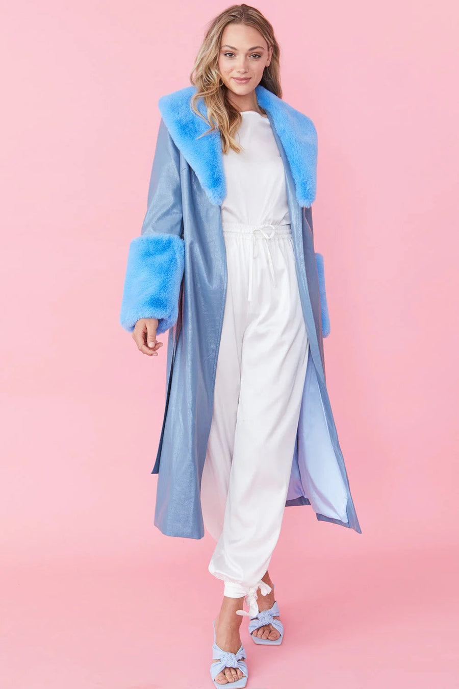 Pascale Beaumont — Blue Faux Leather Jacket with Detachable Faux Fur Cuffs and Collar