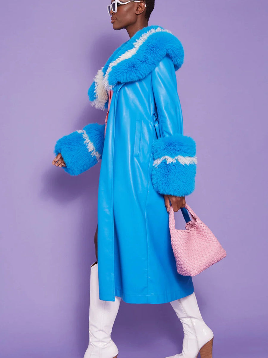 Blue Faux Leather Trench Coat with Faux Fur Collar-1