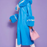 Blue Faux Leather Trench Coat with Faux Fur Collar-1