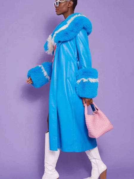 Blue Faux Leather Trench Coat with Faux Fur Collar-1