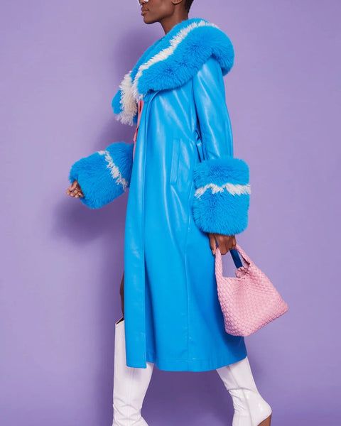 Blue Faux Leather Trench Coat with Faux Fur Collar-1