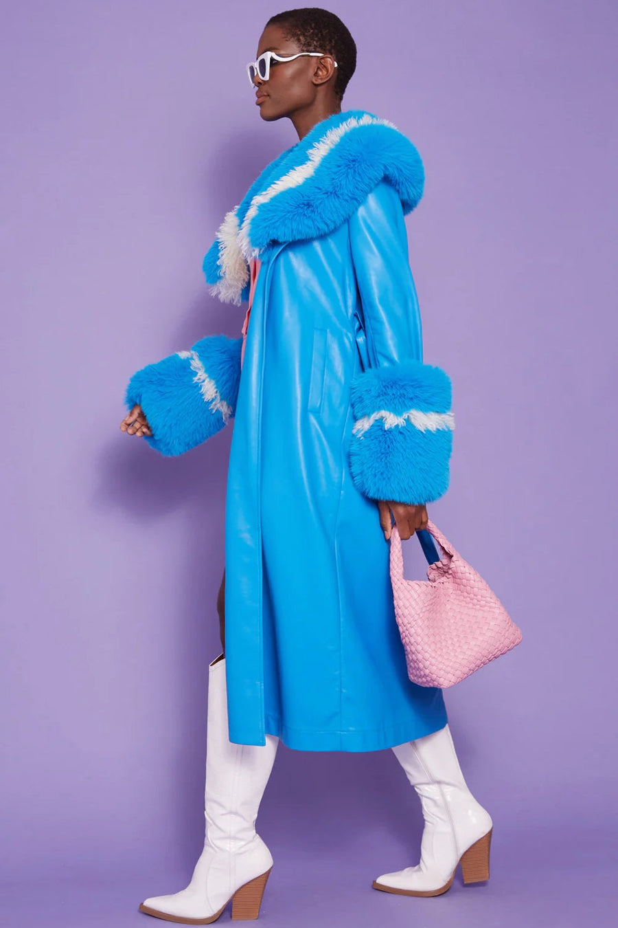 Clarimond — Blue Faux Leather Trench Coat with Faux Fur Collar, alternate view 2