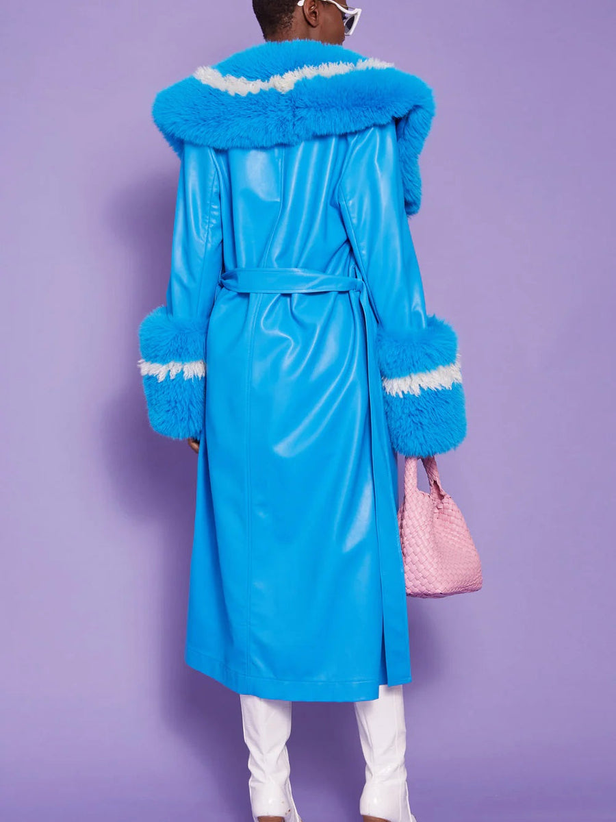 Blue Faux Leather Trench Coat with Faux Fur Collar-2
