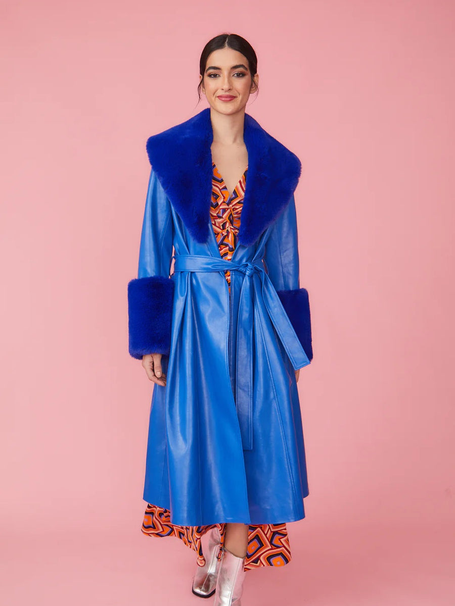 Blue Faux Leather Trench Coat with Faux Fur Collar and Cuffs-1