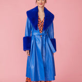 Blue Faux Leather Trench Coat with Faux Fur Collar and Cuffs-1