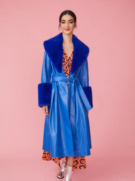 Blue Faux Leather Trench Coat with Faux Fur Collar and Cuffs-1