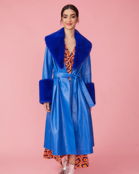 Blue Faux Leather Trench Coat with Faux Fur Collar and Cuffs-1