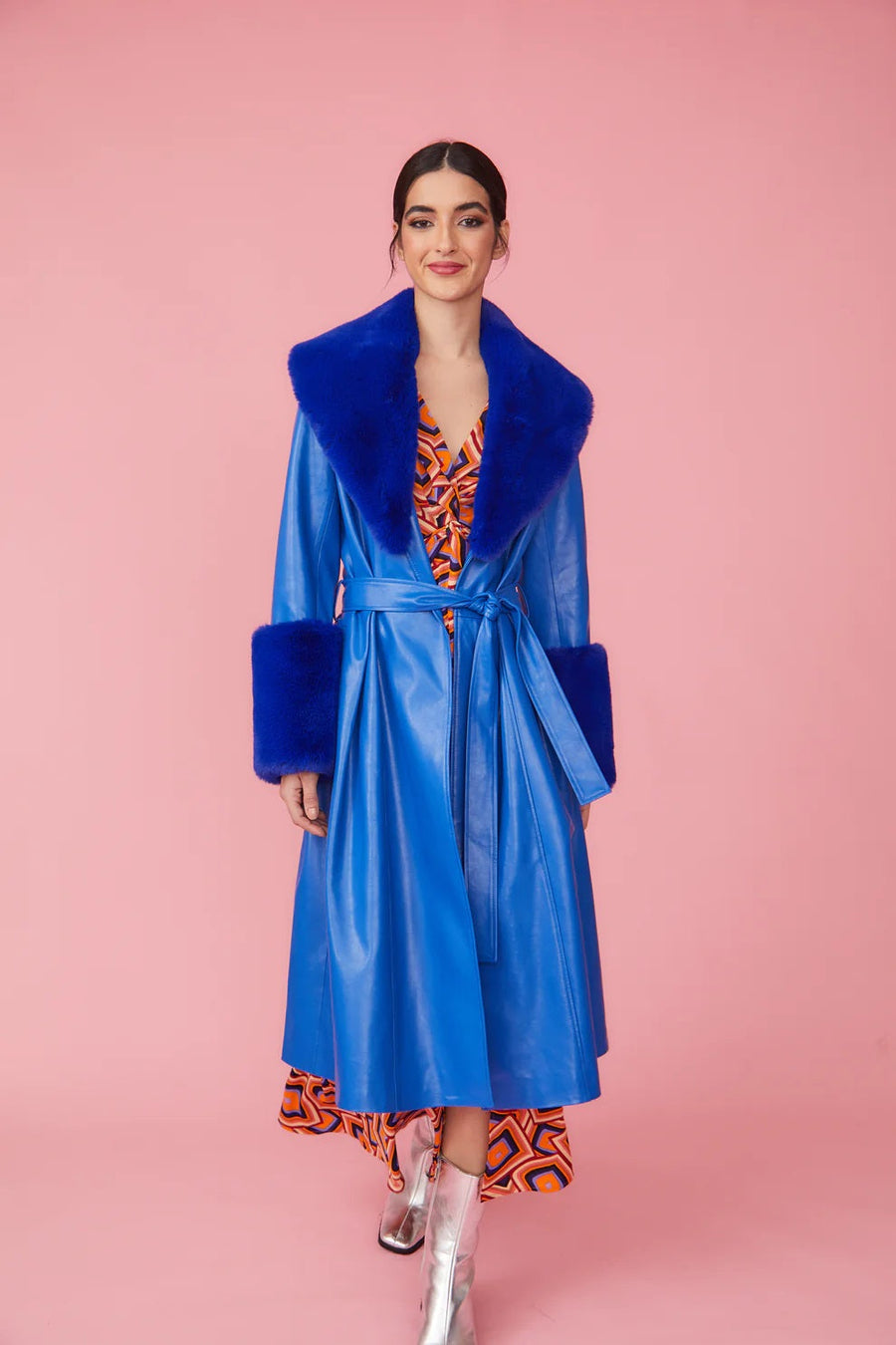 Cosima Beaumont — Blue Faux Leather Trench Coat with Faux Fur Collar and Cuffs, alternate view 2
