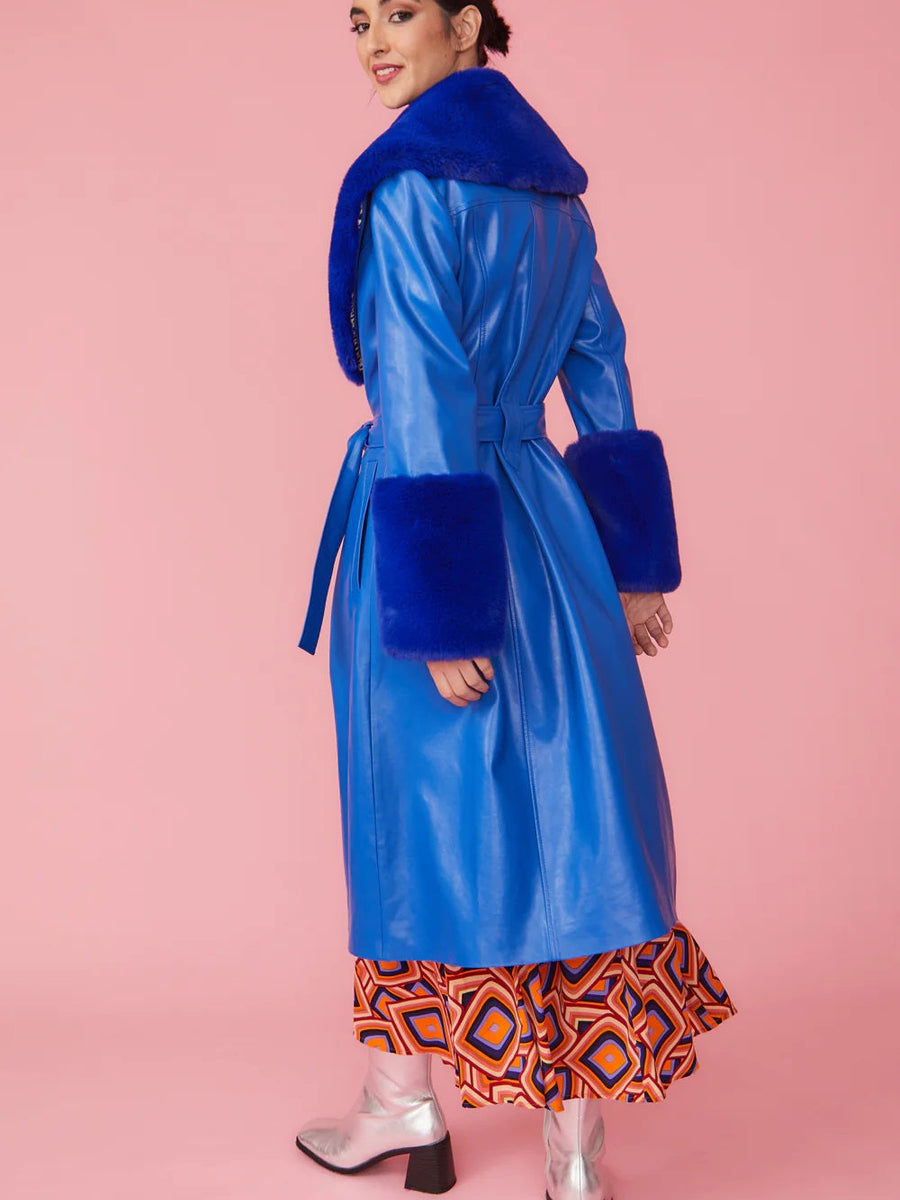 Blue Faux Leather Trench Coat with Faux Fur Collar and Cuffs-2