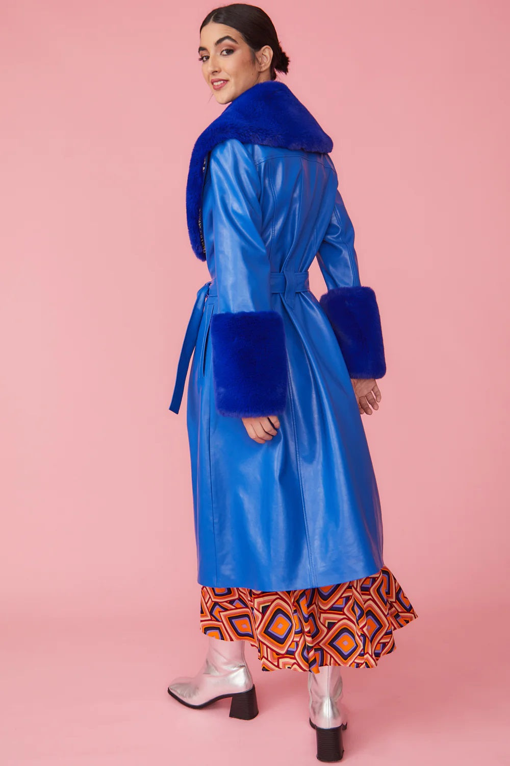 Cosima Beaumont — Blue Faux Leather Trench Coat with Faux Fur Collar and Cuffs, alternate view 3