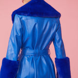Blue Faux Leather Trench Coat with Faux Fur Collar and Cuffs-3