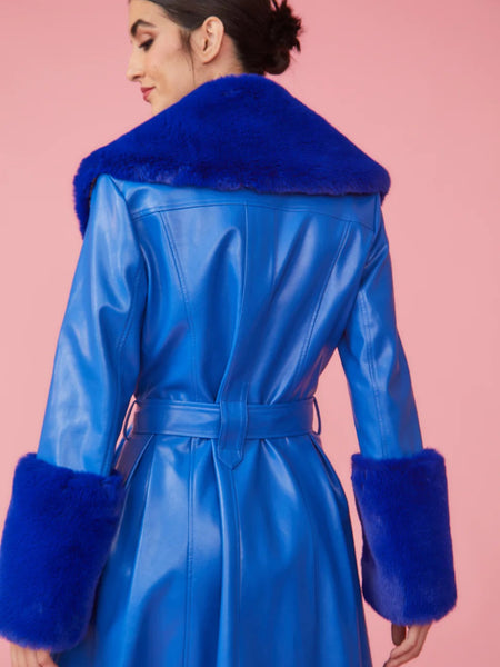 Blue Faux Leather Trench Coat with Faux Fur Collar and Cuffs-3