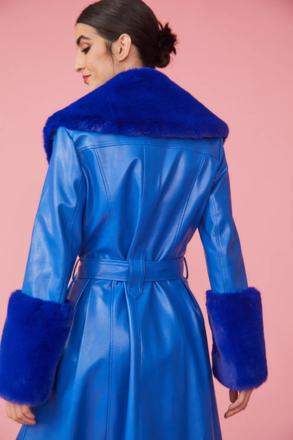 Cosima Beaumont — Blue Faux Leather Trench Coat with Faux Fur Collar and Cuffs, alternate view 4