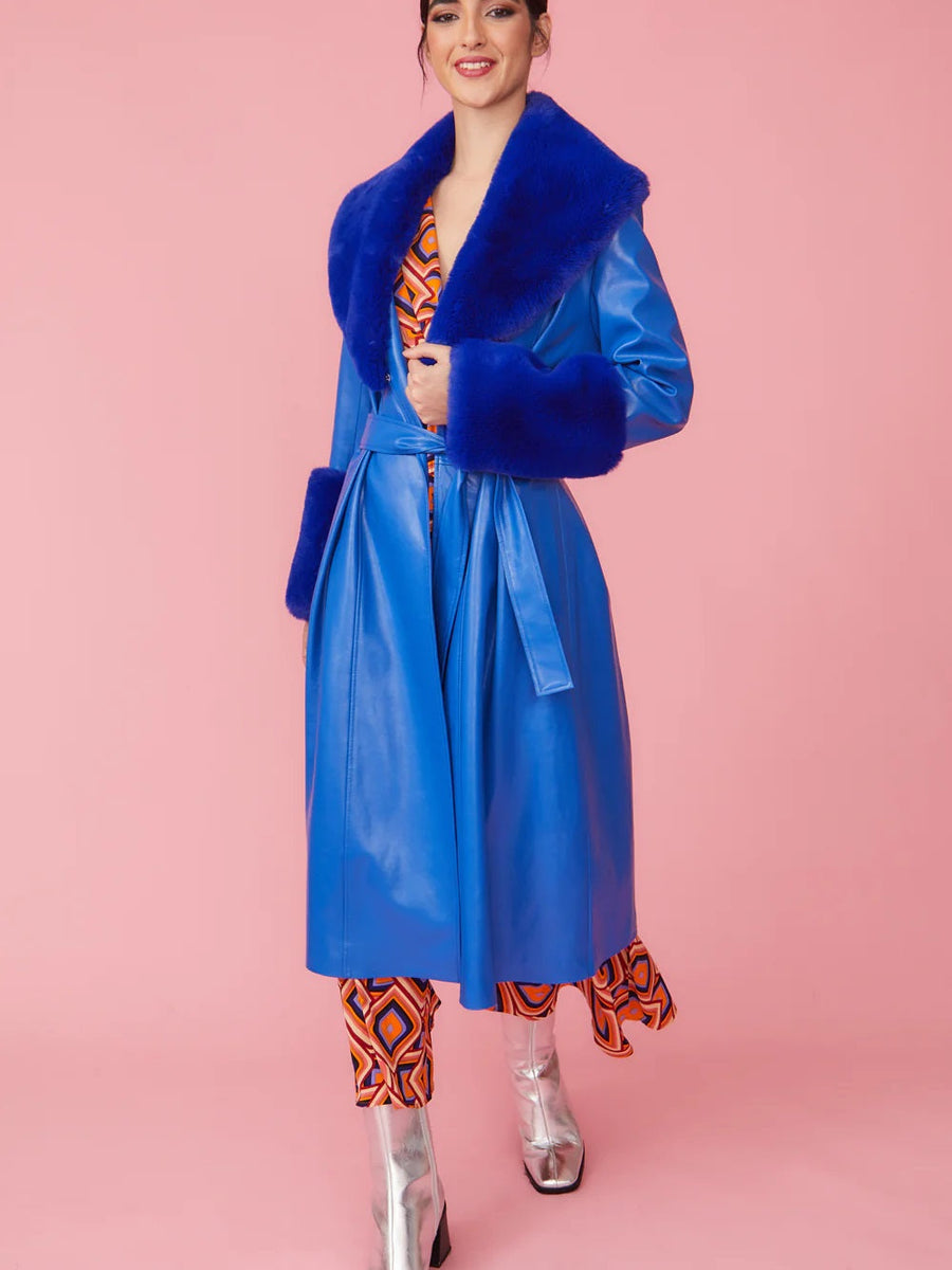 Blue Faux Leather Trench Coat with Faux Fur Collar and Cuffs-0