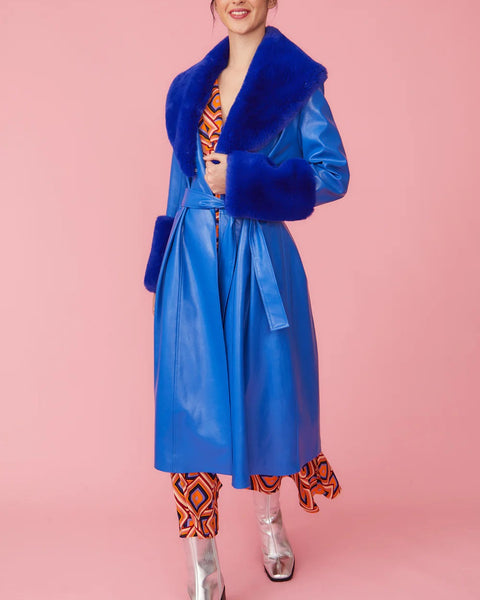 Blue Faux Leather Trench Coat with Faux Fur Collar and Cuffs-0