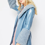 Blue Faux Leather Trench Coat with Faux Shearling Collar and Cuffs-1