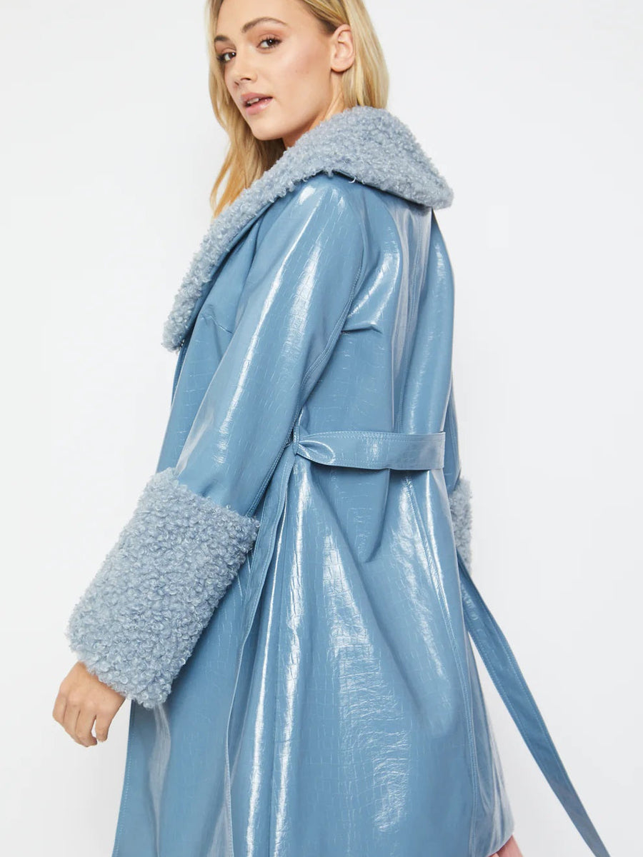 Blue Faux Leather Trench Coat with Faux Shearling Collar and Cuffs-2