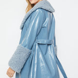 Blue Faux Leather Trench Coat with Faux Shearling Collar and Cuffs-2