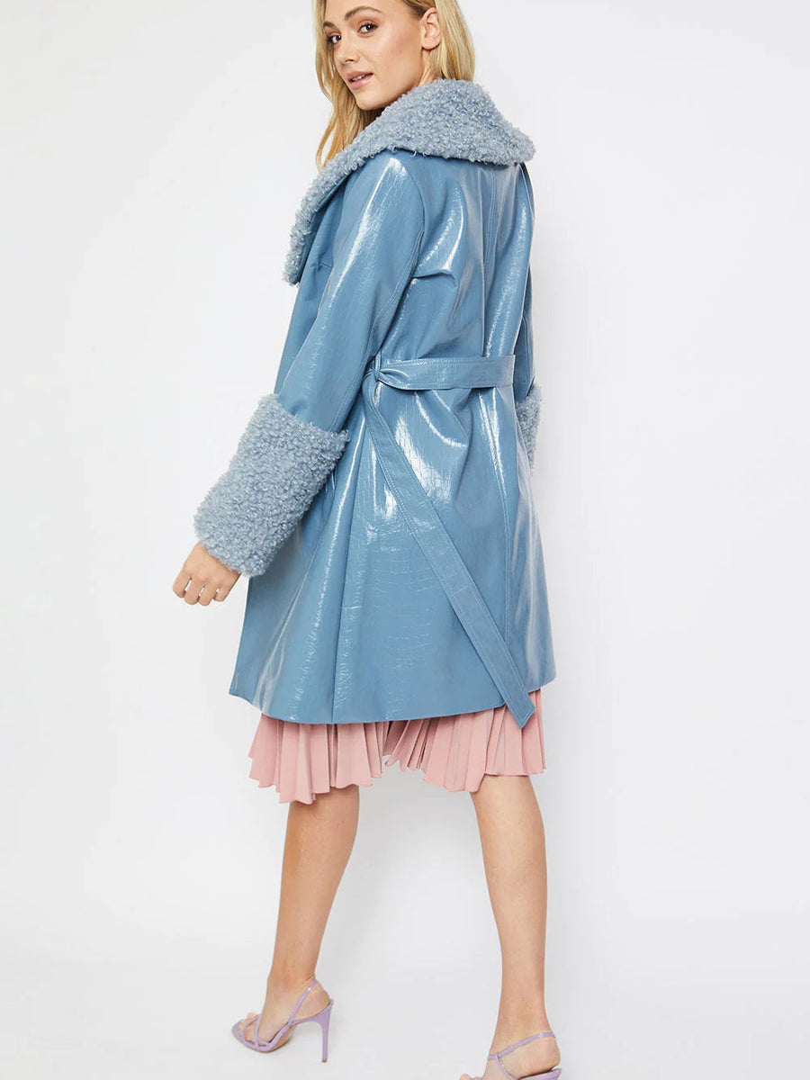 Blue Faux Leather Trench Coat with Faux Shearling Collar and Cuffs-3