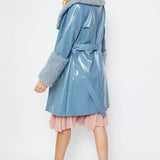 Blue Faux Leather Trench Coat with Faux Shearling Collar and Cuffs-3