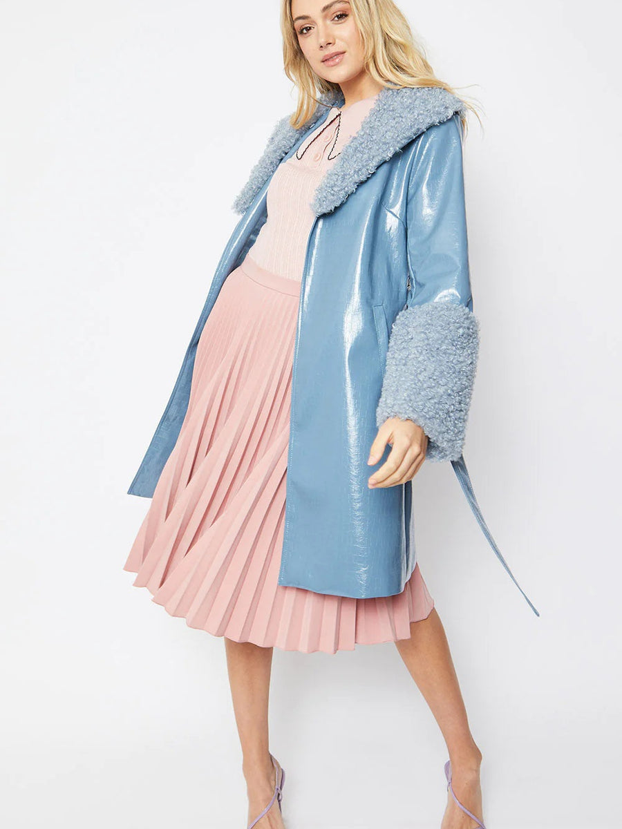 Blue Faux Leather Trench Coat with Faux Shearling Collar and Cuffs-0