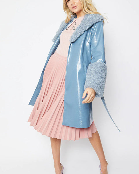 Blue Faux Leather Trench Coat with Faux Shearling Collar and Cuffs-0
