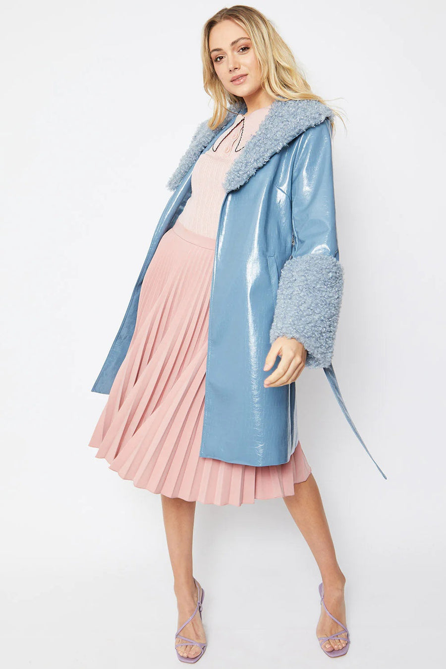 Maëlys Beaumont — Blue Faux Leather Trench Coat with Faux Shearling Collar and Cuffs