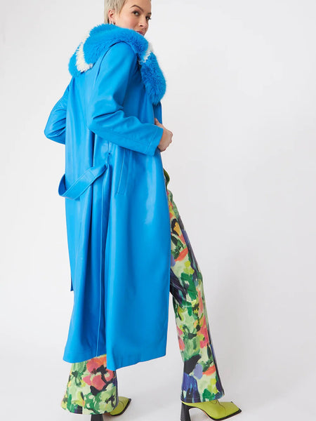 Blue Tencel Blend Eco Leather Trench Coat-3