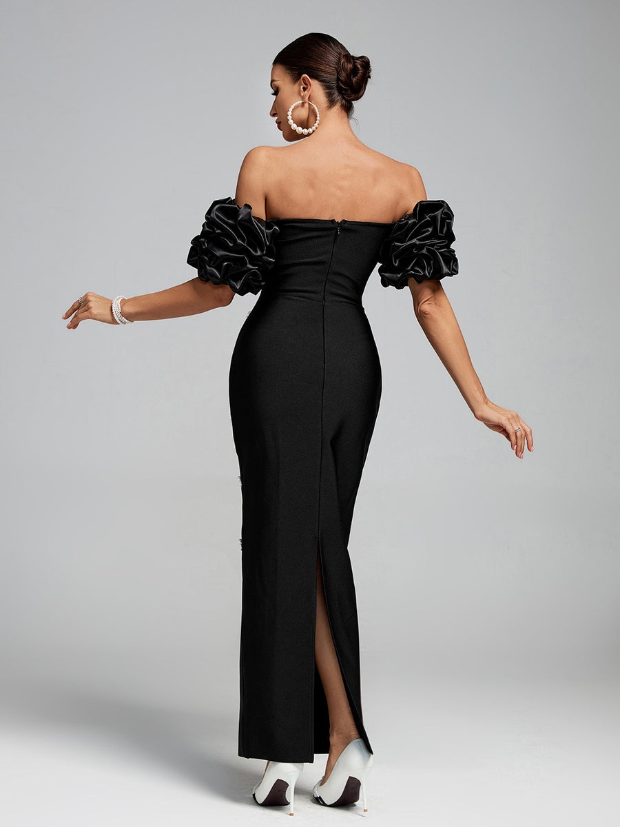 Off Shoulder Pearl Embellished Bandage Maxi Dress