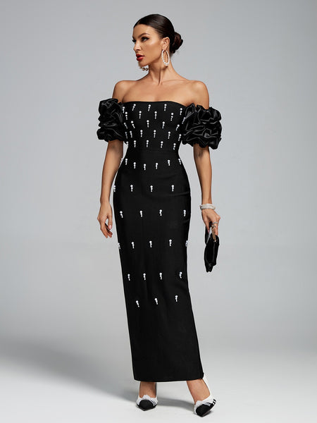 Off Shoulder Pearl Embellished Bandage Maxi Dress
