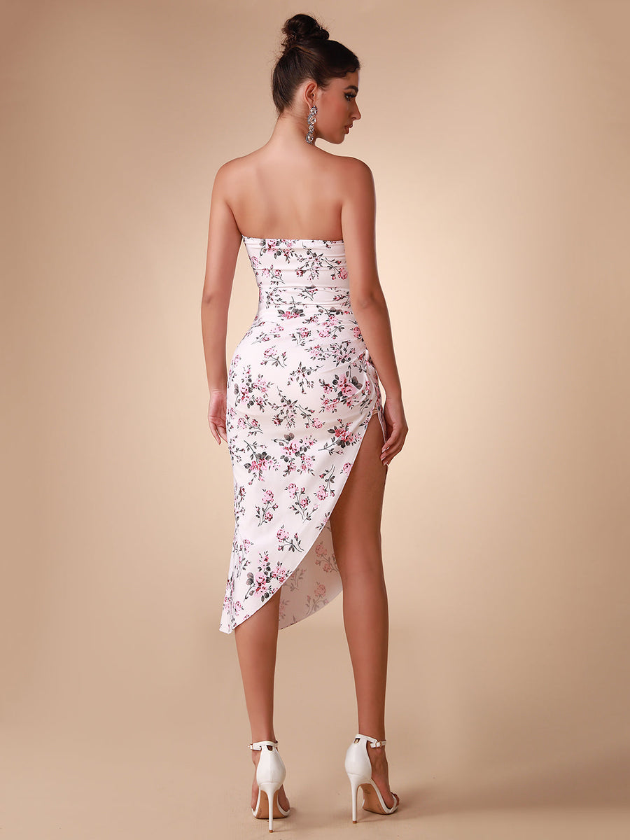 Elegant and sophisticated floral patterned satin strapless dress