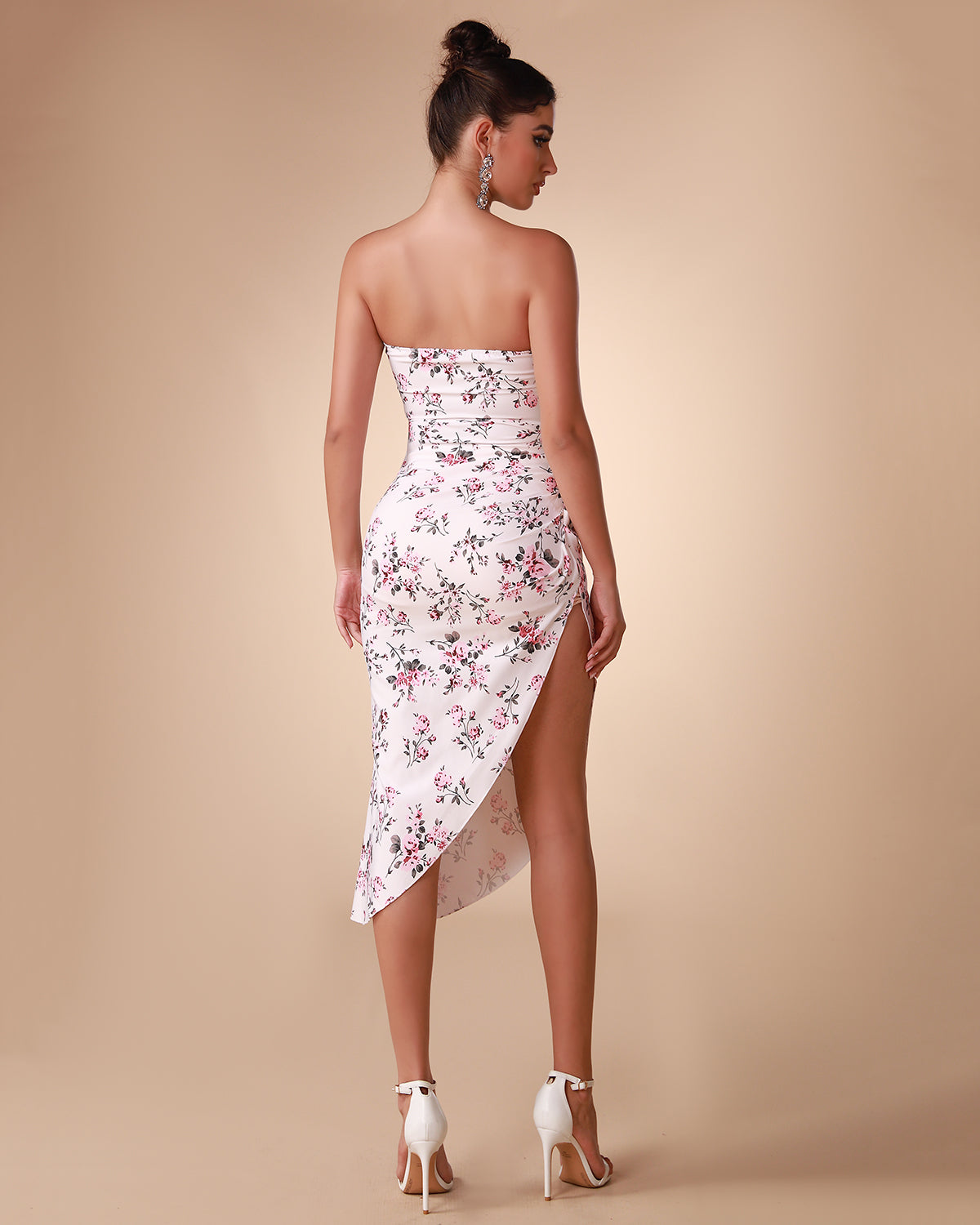 Elegant and sophisticated floral patterned satin strapless dress