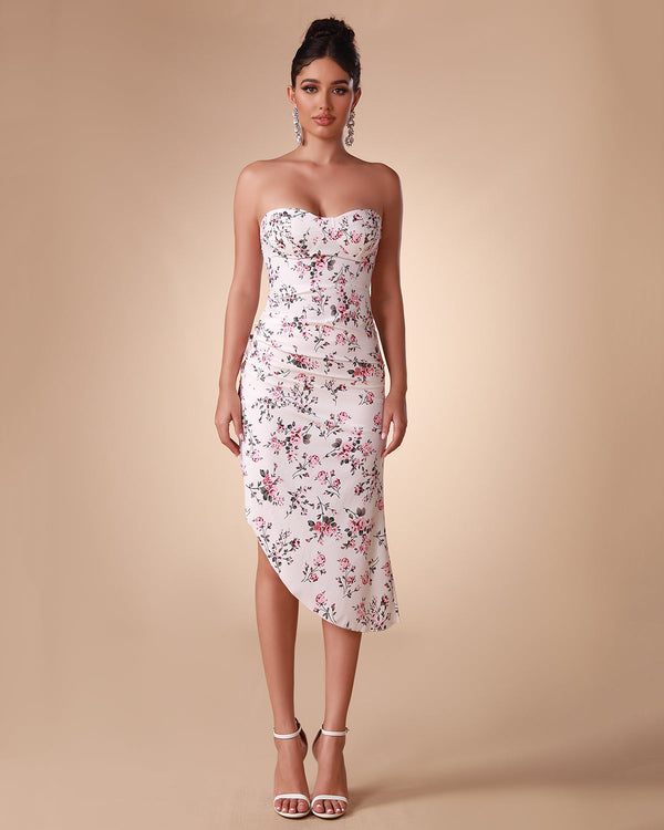Elegant and sophisticated floral patterned satin strapless dress