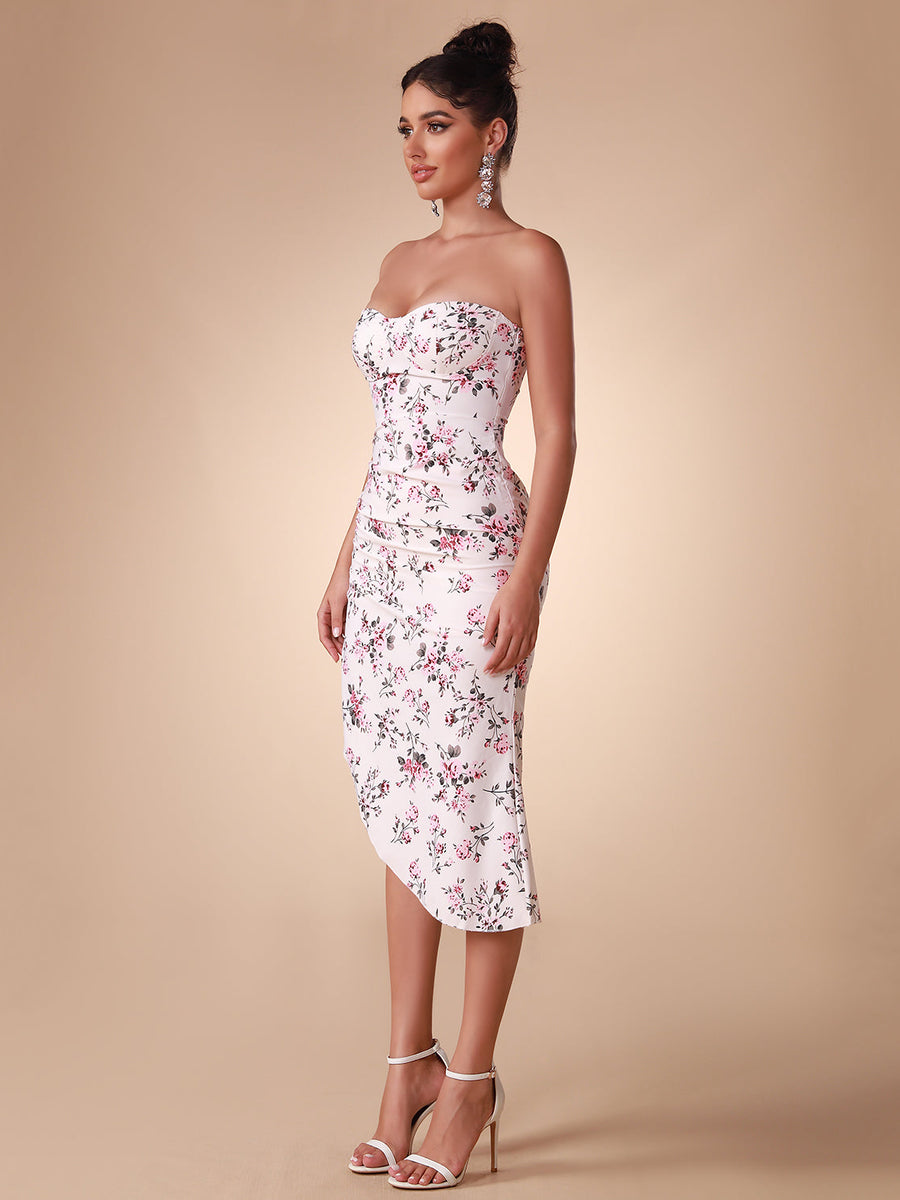 Elegant and sophisticated floral patterned satin strapless dress