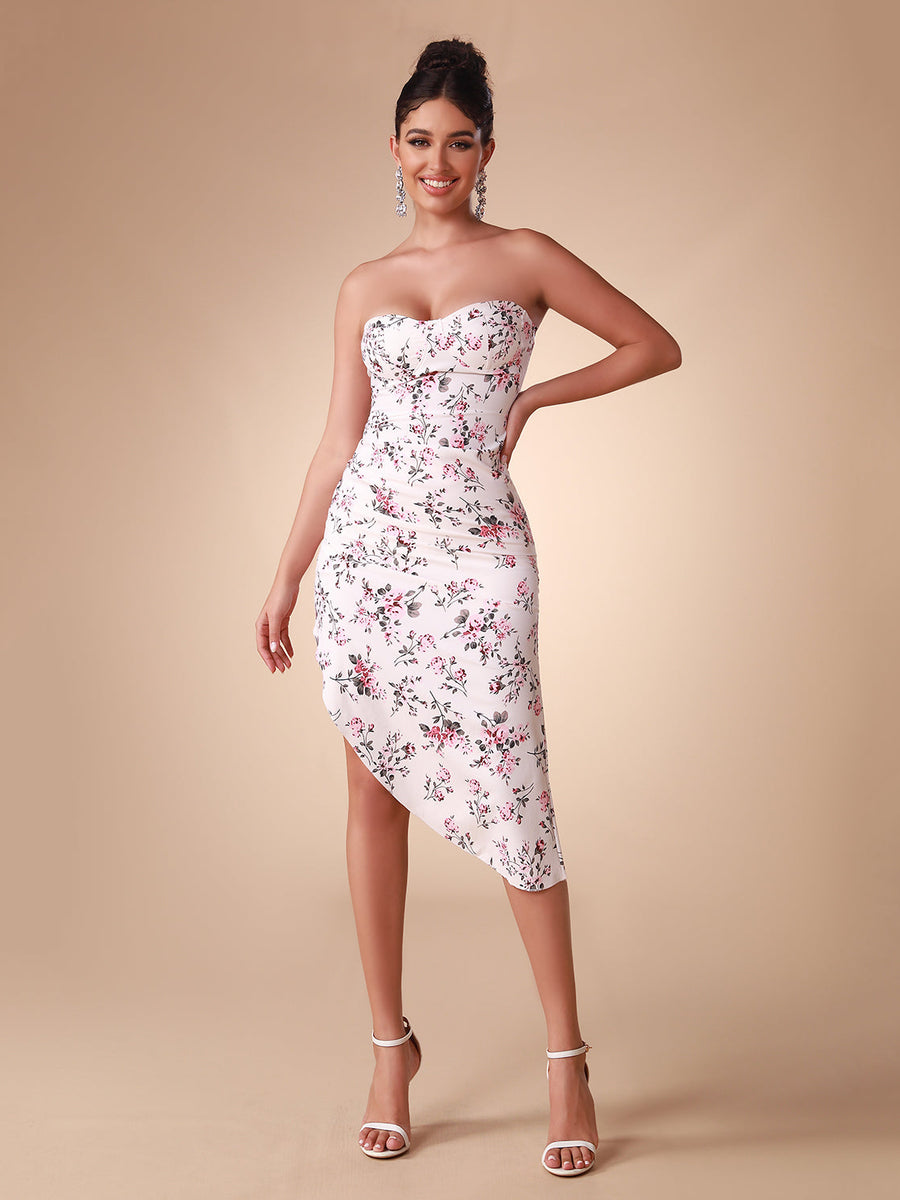 Elegant and sophisticated floral patterned satin strapless dress