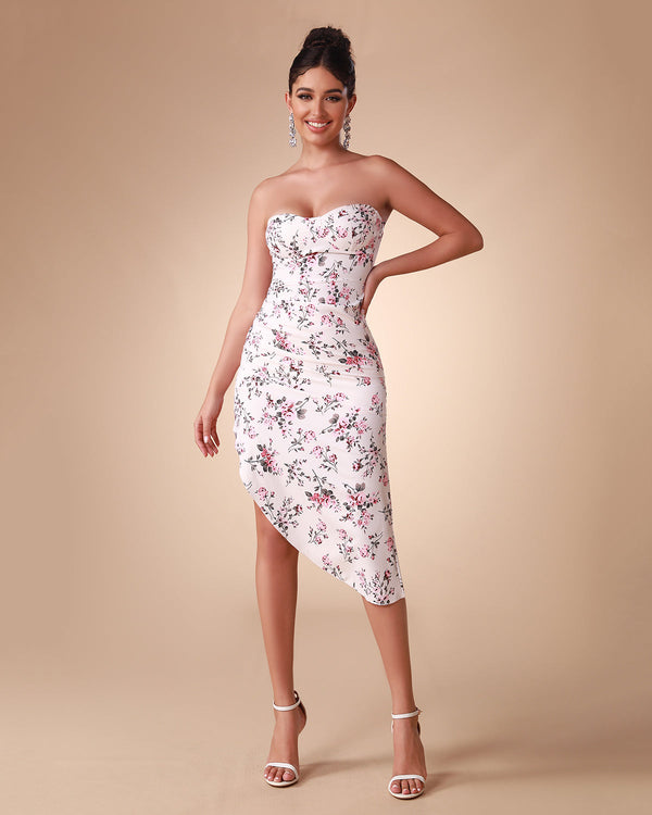 Elegant and sophisticated floral patterned satin strapless dress