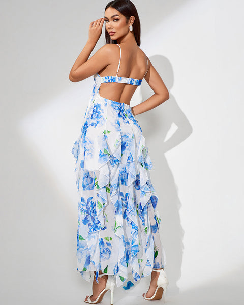Blue Print Floral Vertical Ruffle Long Dress - Opulent Empire