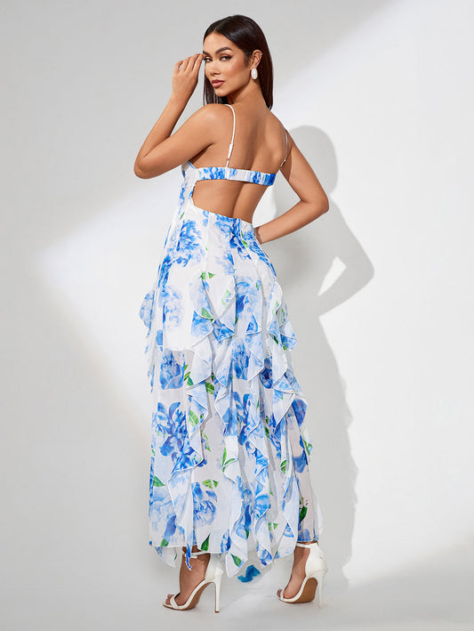 Blue Print Floral Vertical Ruffle Long Dress - Opulent Empire