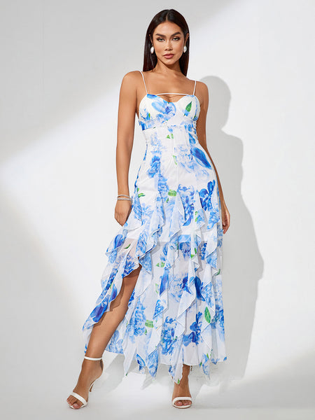 Blue Print Floral Vertical Ruffle Long Dress - Opulent Empire