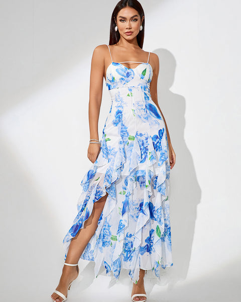 Blue Print Floral Vertical Ruffle Long Dress - Opulent Empire