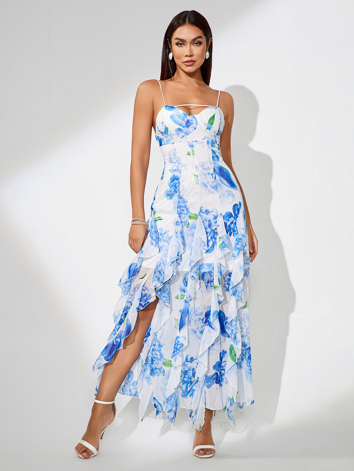 Sage — Blue Print Floral Vertical Ruffle Long Dress