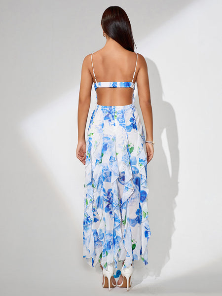 Blue Print Floral Vertical Ruffle Long Dress - Opulent Empire