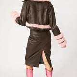 Chocolate Faux Leather Faux Fur Biker Jacket-3