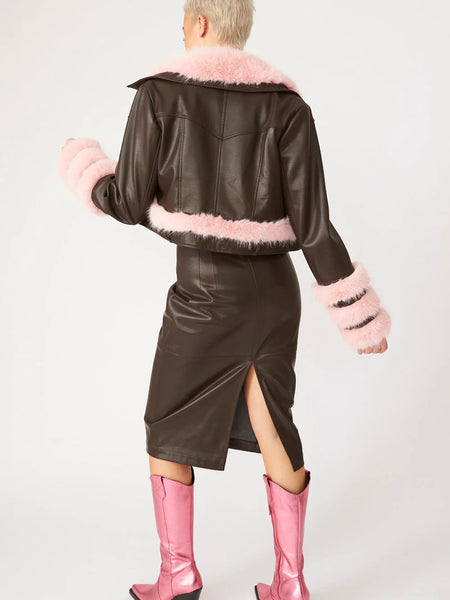 Chocolate Faux Leather Faux Fur Biker Jacket-3