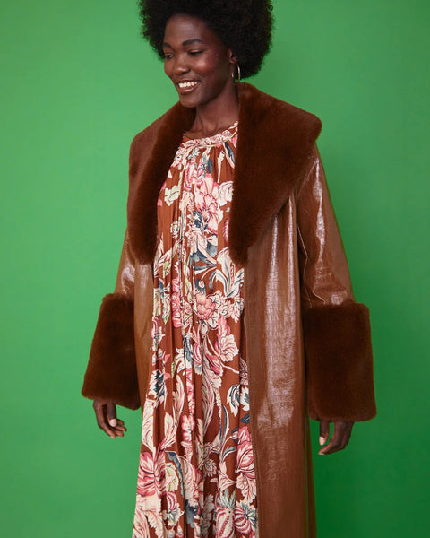 Chocolate Faux Leather Jacket with Detachable Faux Fur Cuffs and Collar-1