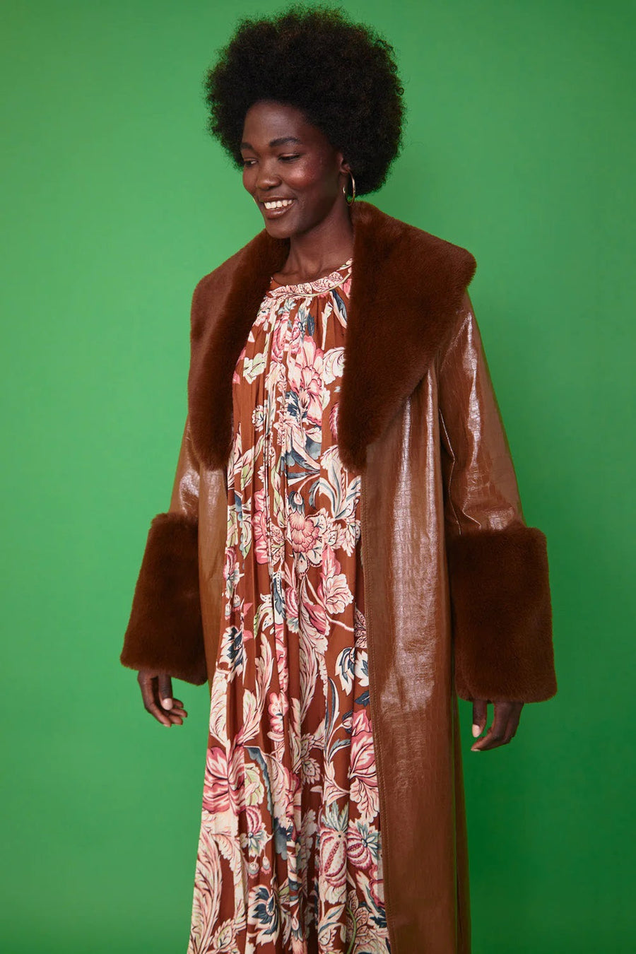 Calista Beaumont — Chocolate Faux Leather Jacket with Detachable Faux Fur Cuffs and Collar, alternate view 2
