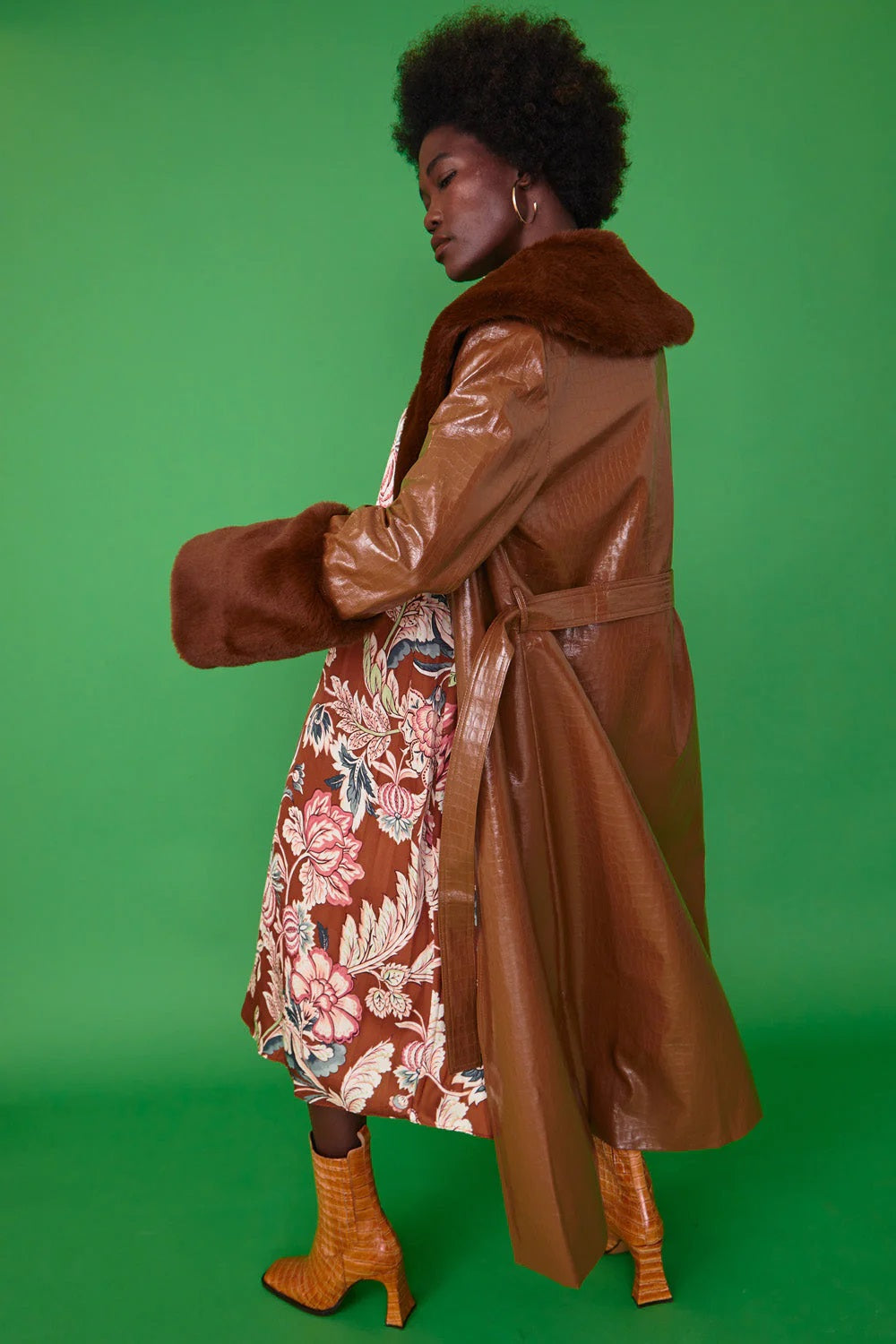 Calista Beaumont — Chocolate Faux Leather Jacket with Detachable Faux Fur Cuffs and Collar, alternate view 3