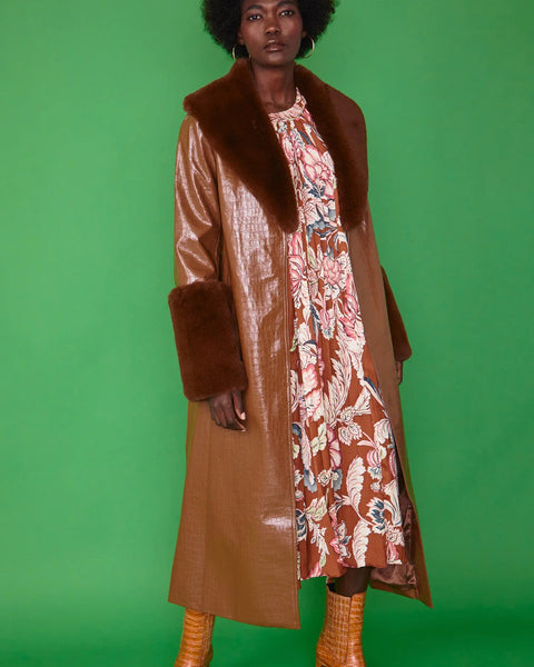 Chocolate Faux Leather Jacket with Detachable Faux Fur Cuffs and Collar-0