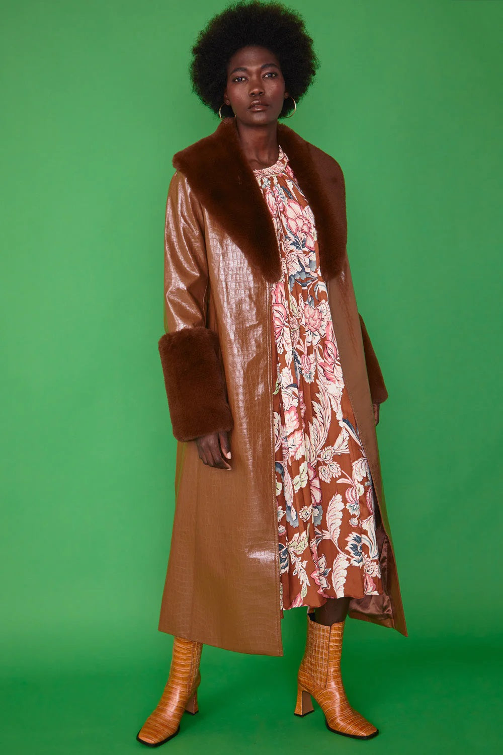 Calista Beaumont — Chocolate Faux Leather Jacket with Detachable Faux Fur Cuffs and Collar
