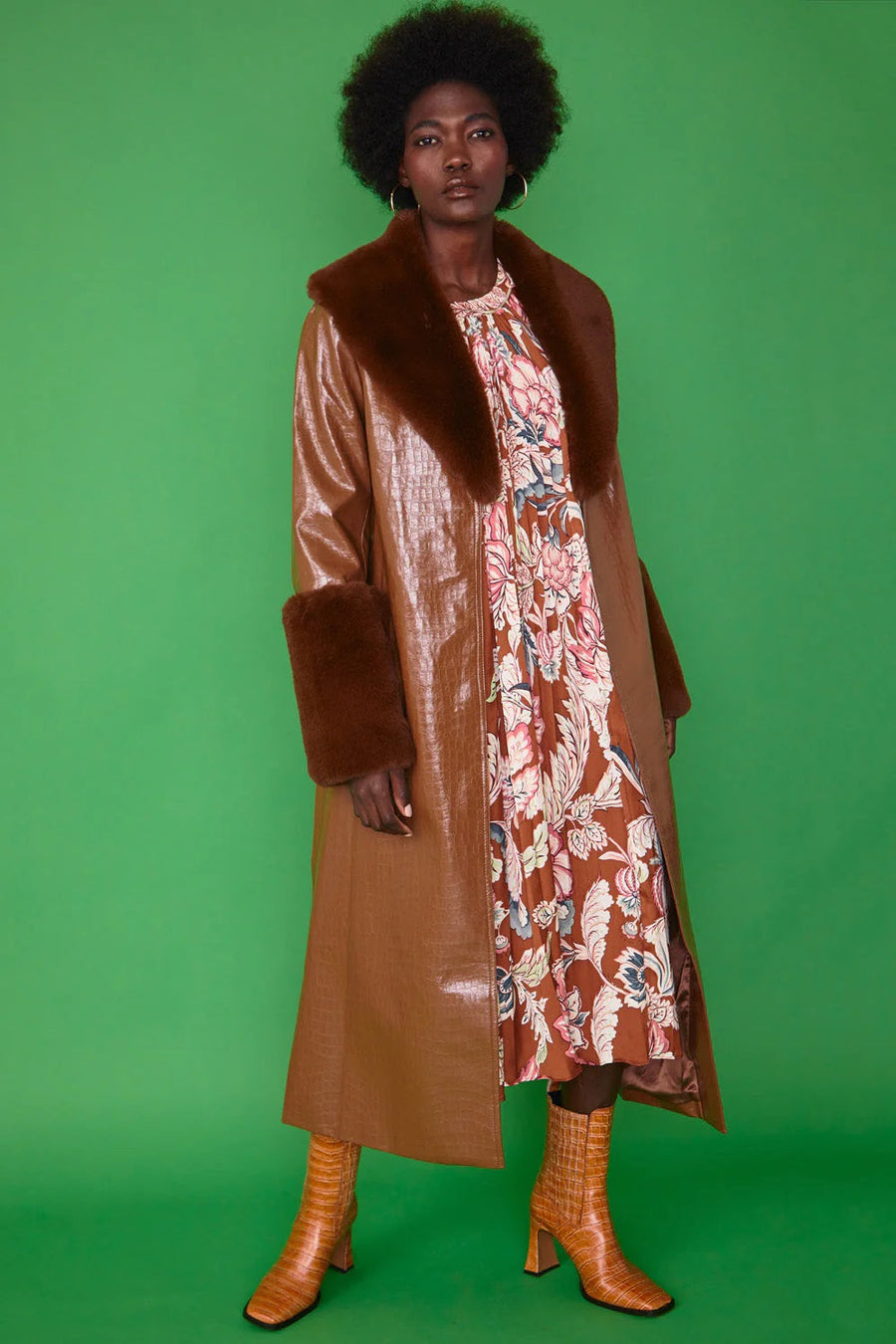 Calista Beaumont — Chocolate Faux Leather Jacket with Detachable Faux Fur Cuffs and Collar